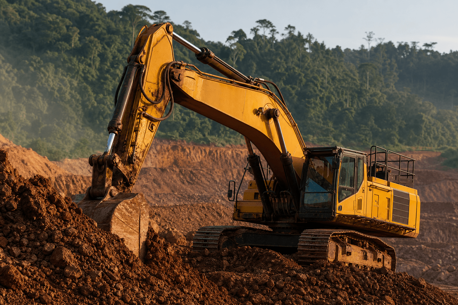 Excavator operating at a remote tropical mining site