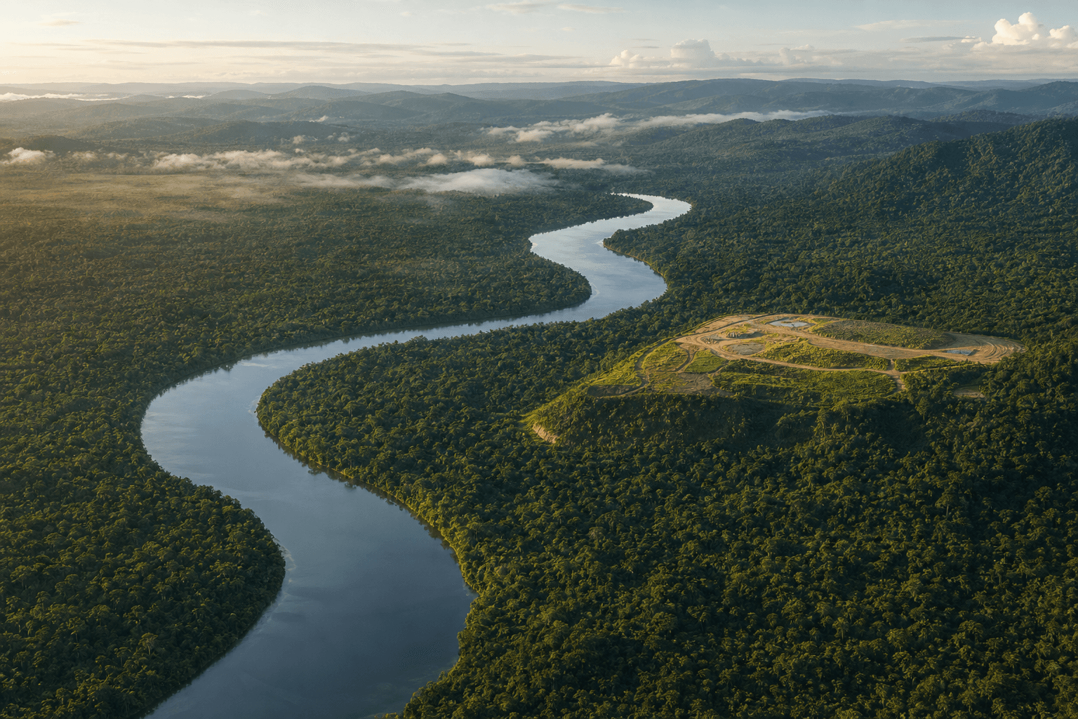 Aerial view of Guyana rainforest and river holdings